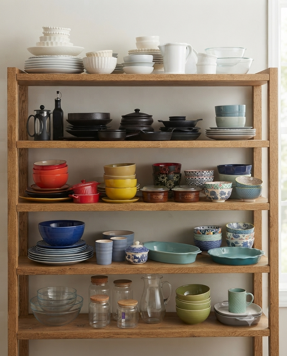 Ceramics, glassware and cookware in the props library at Look and Cook Studios